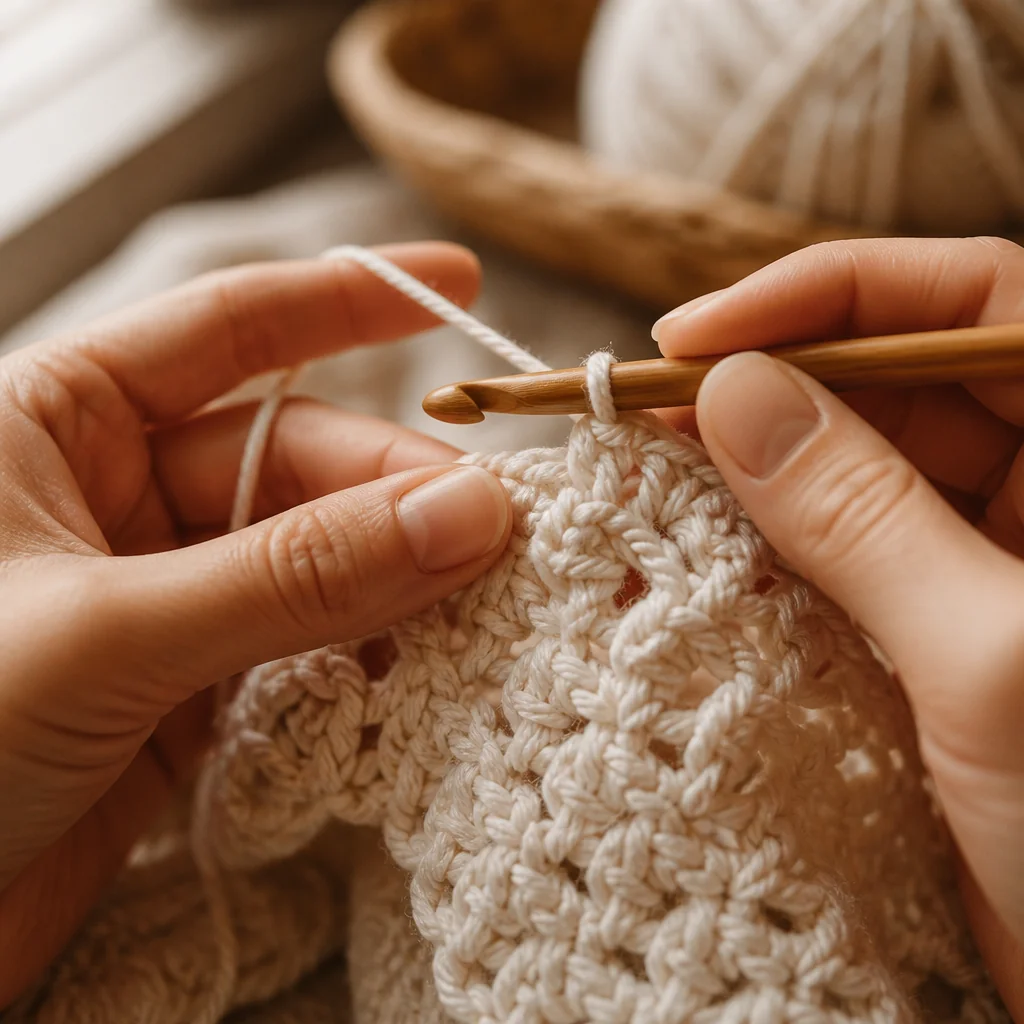 Close-up of hands working cotton yarn with a wooden crochet hook, showing distinct stitch definition with natural window lighting