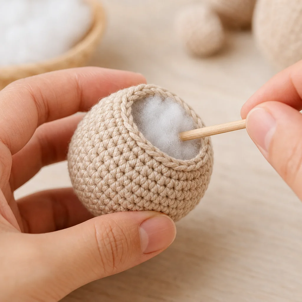 Close-up of hands stuffing a small round amigurumi shape with polyester fiberfill