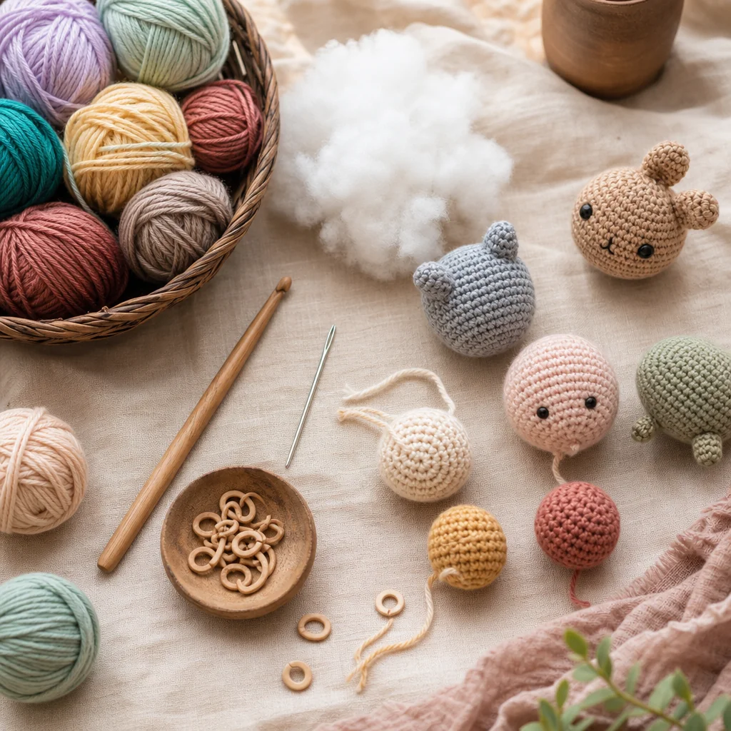 Flat lay of amigurumi crochet supplies including a hook, stuffing, yarn needle, and a partially made round crocheted shape