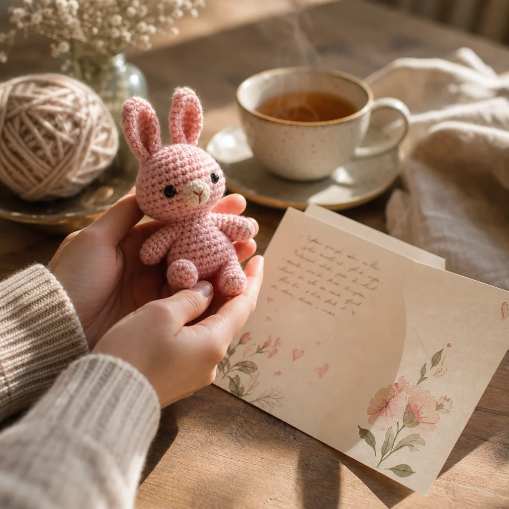 Hands tying a ribbon around a cellophane bag holding a small crocheted amigurumi gift