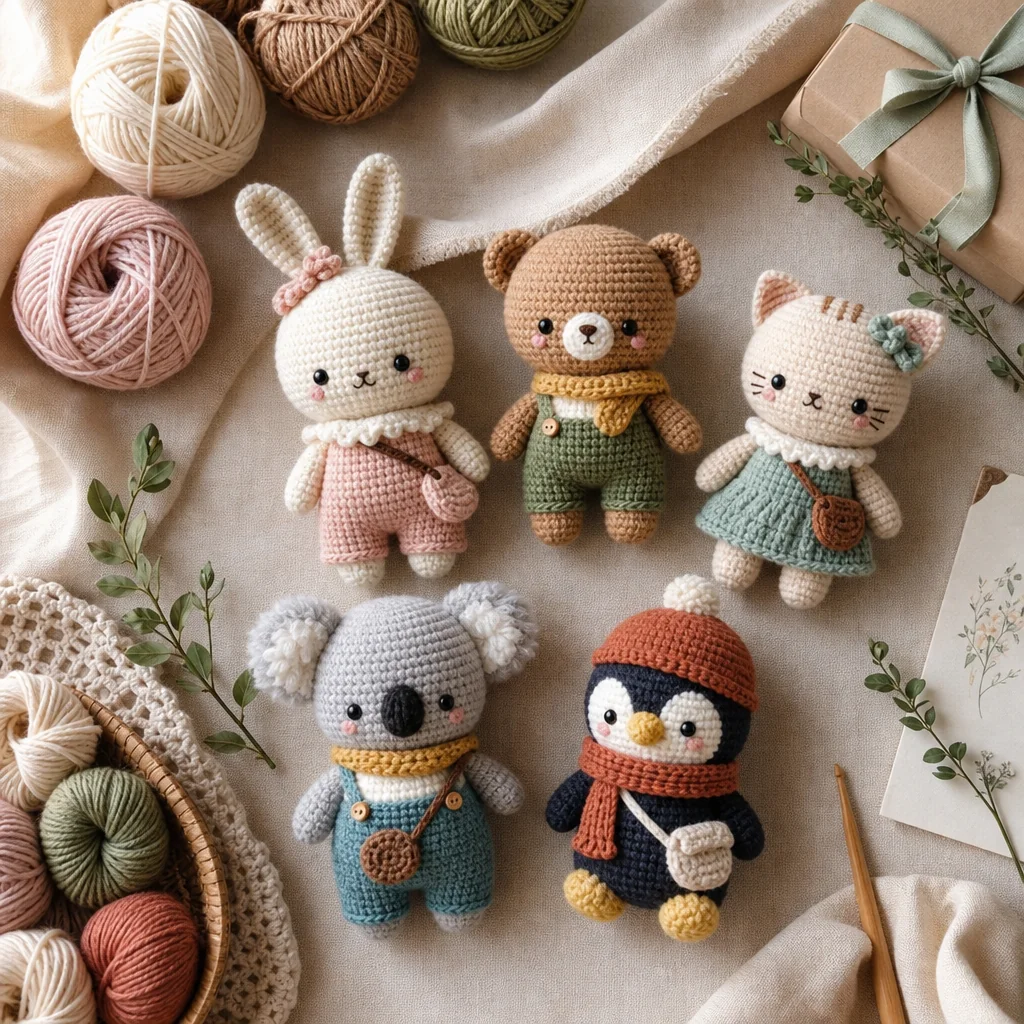 A finished crochet amigurumi animal being wrapped in tissue paper inside a kraft gift box with yarn and ribbon nearby