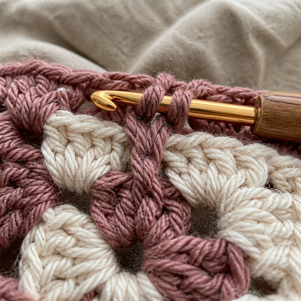 Close-up of a crochet hook working a front post double crochet around a stitch post on a two-colour Bavarian square in progress