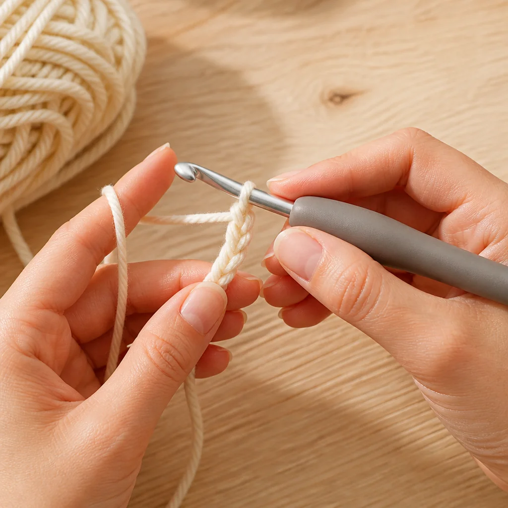 Close-up of hands using an ergonomic crochet hook to work chain stitches with cream yarn on a wooden table