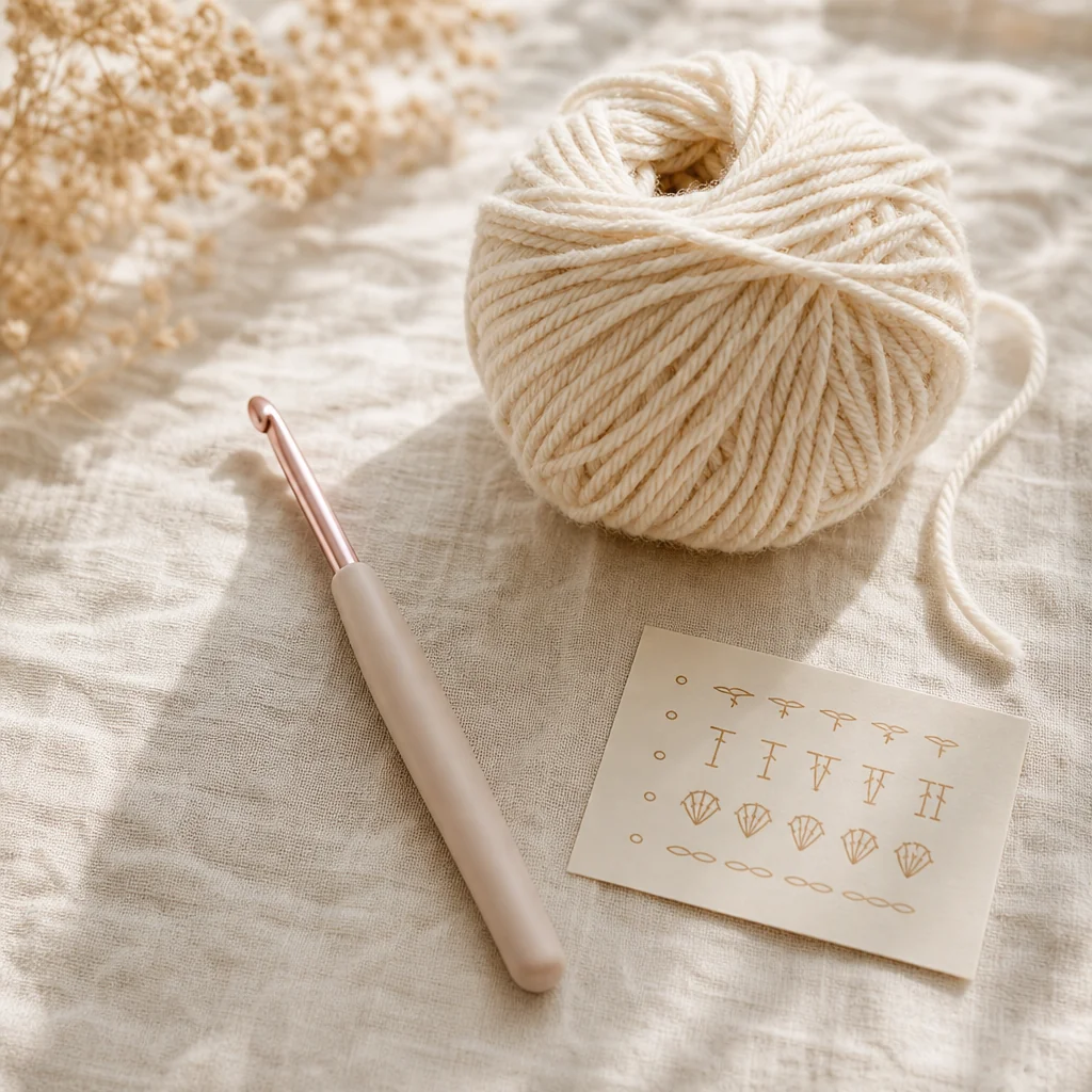 A beginner's crochet starter kit laid out on cream linen, featuring a 5.0mm aluminum hook, a ball of light-colored worsted-weight yarn, and beginner stitch reference card in warm natural light