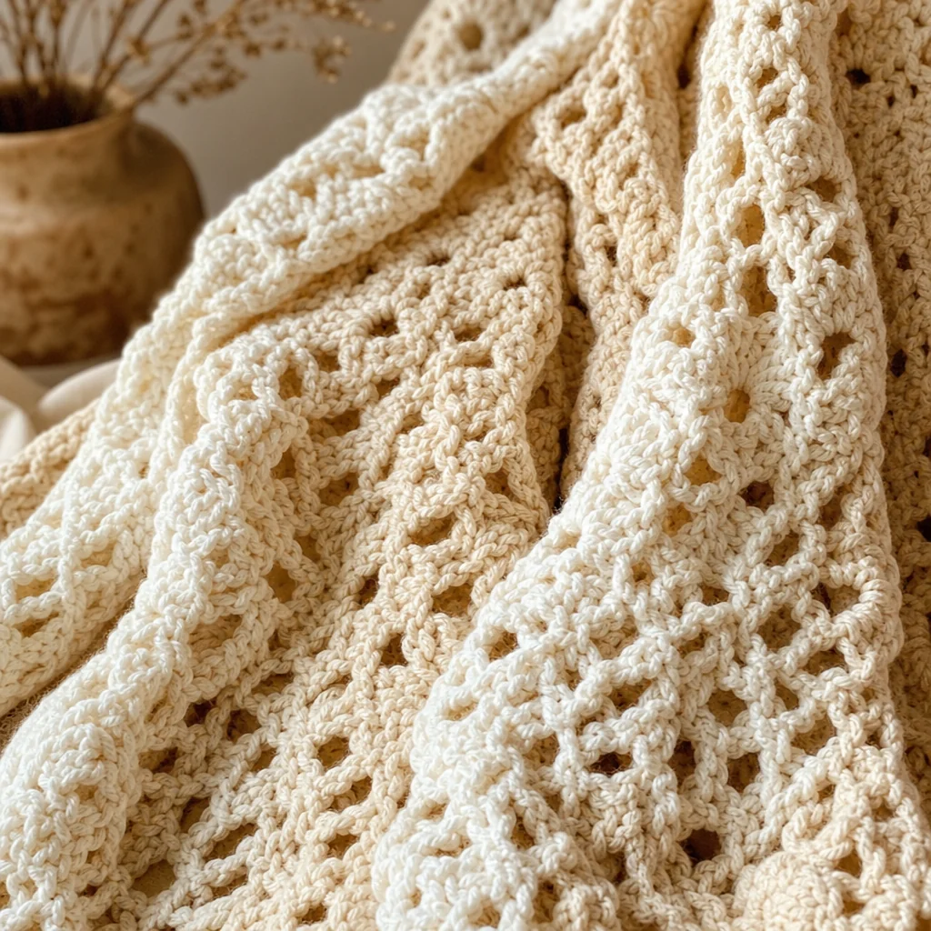 Chunky cream crochet blanket with waffle stitch texture draped over wooden chair by frosted window with natural winter light