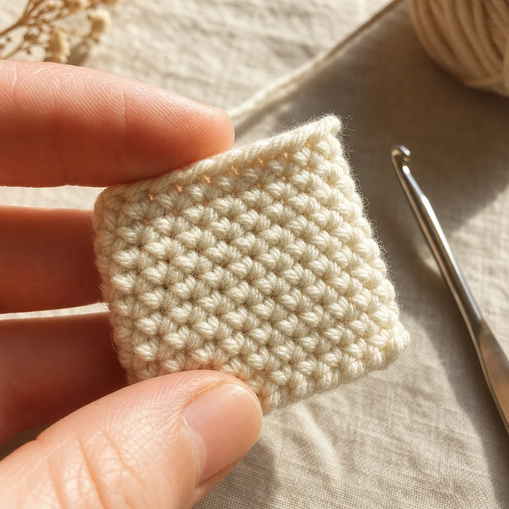 Hands gently squeezing a small amigurumi ball in progress, showing tight, dense stitches with no visible gaps, demonstrating proper tension and yarn choice