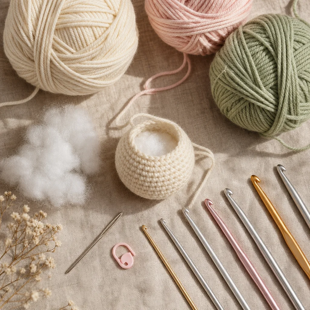 Overhead view of cream and sage worsted weight yarn with multiple sizes of brass crochet hooks and a gauge swatch showing tight, even stitches on natural linen