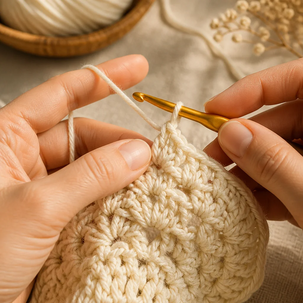 Close-up of hands crocheting with light cream worsted weight yarn showing clear stitch definition