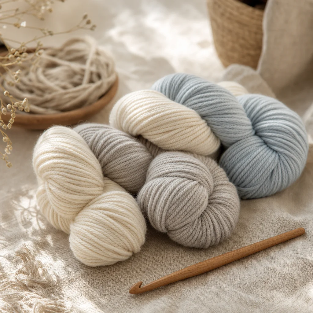 Skeins of light-coloured beginner-friendly yarn arranged on a linen surface with a wooden crochet hook