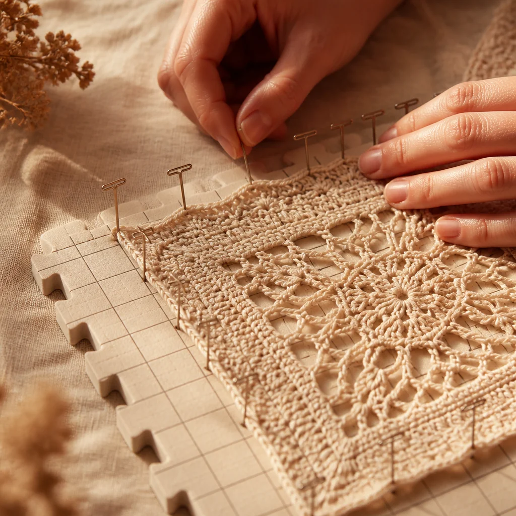 Hands carefully pinning a blocked crochet piece to an interlocking foam mat grid, demonstrating even tension and edge placement.