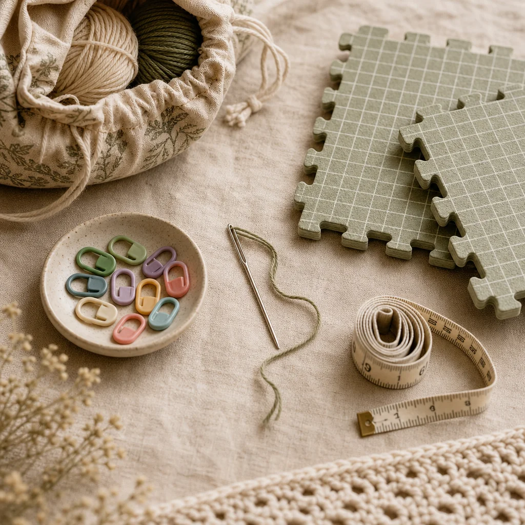 A collection of essential crochet tools neatly arranged on a linen surface, including stitch markers, yarn needle, measuring tape, and blocking mat squares in natural light.