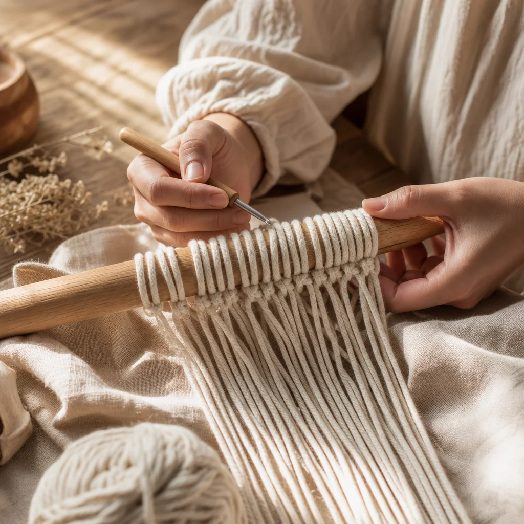 Close-up of hands working a hairpin lace strip on a metal loom, showing dusty rose yarn wrapped around both prongs with a crochet hook inserted at the center spine.