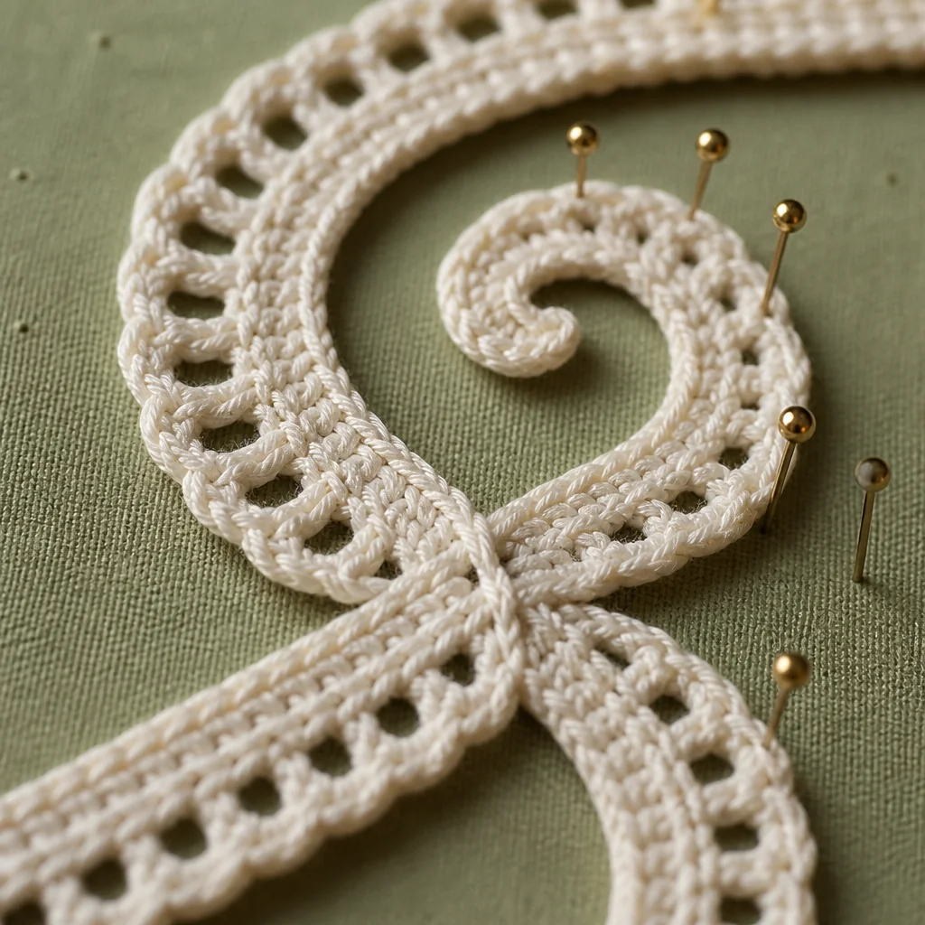 Close-up of a Bruges crochet tape curving into an S-scroll with brass pins holding the joins on a blocking mat