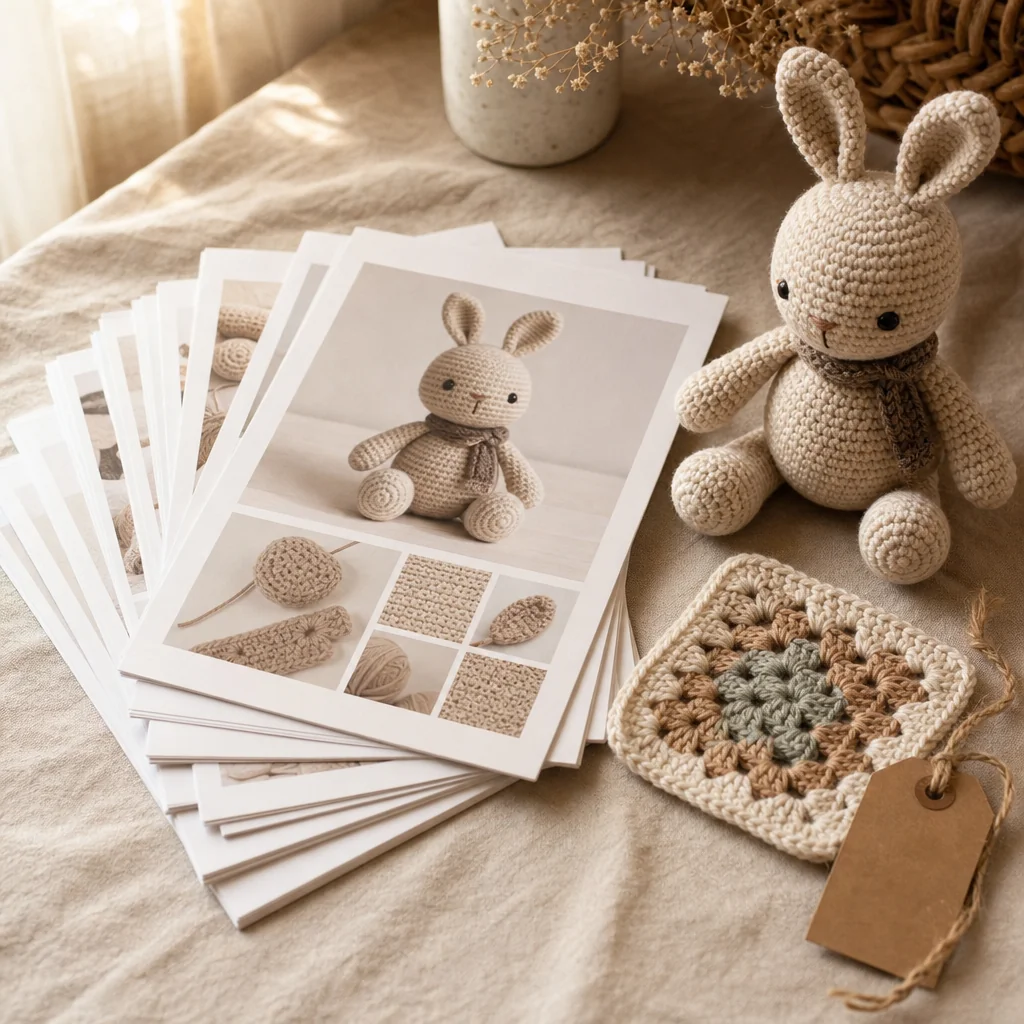 Flat lay of printed crochet pattern pages beside a finished amigurumi toy and a price tag, styled on linen fabric in warm natural light