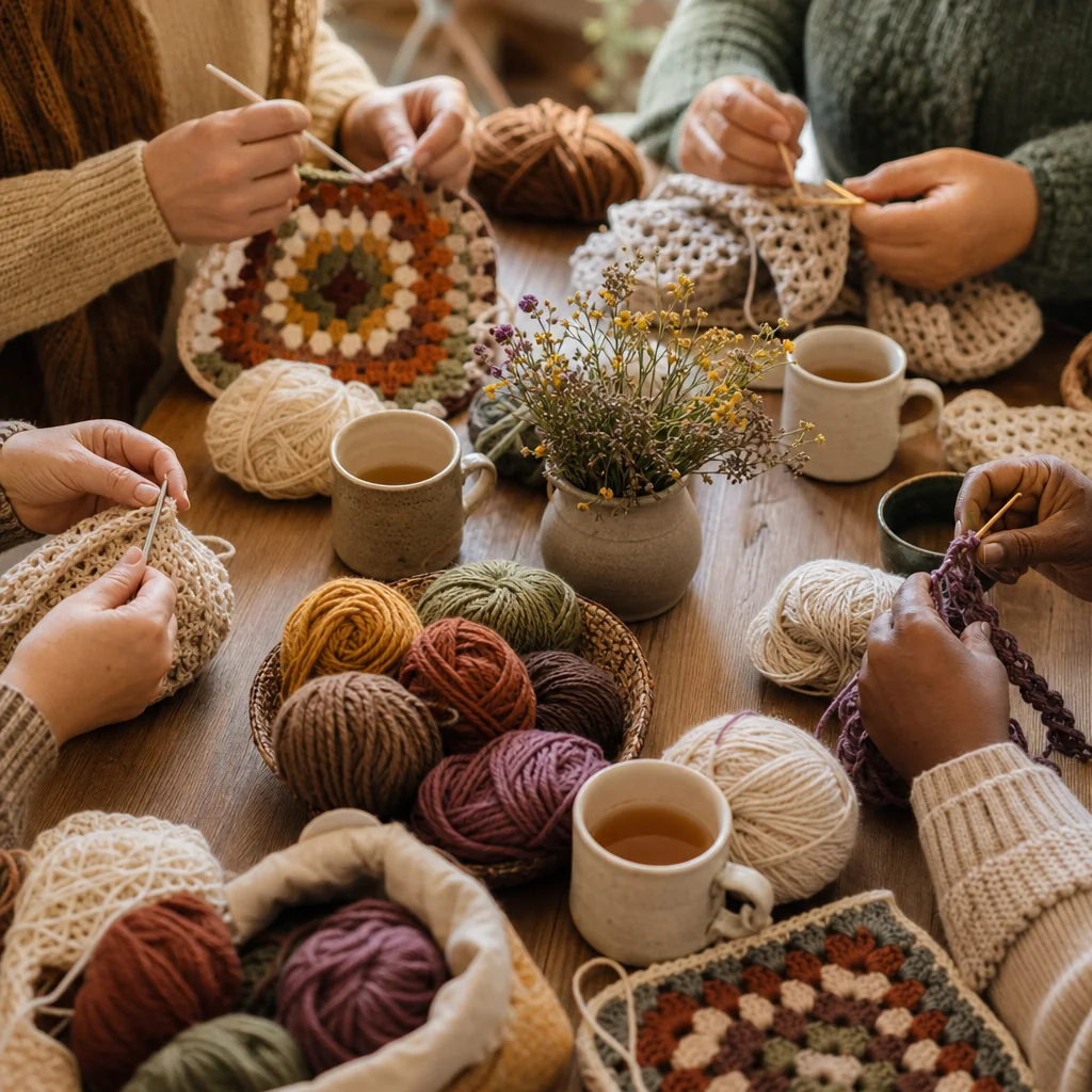 Close-up of hands crocheting with cream-colored yarn near a sunlit window with houseplants in the background