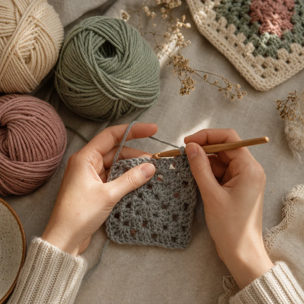 Overhead view of a sage green crochet project in progress on a linen surface with a wooden hook and a cup of tea in warm morning light