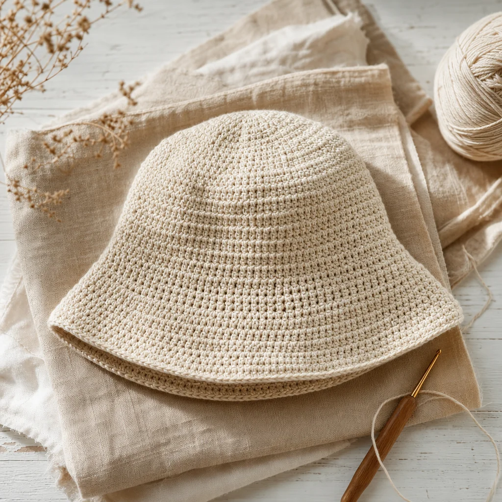 Overhead view of a handmade terracotta crochet bucket hat on linen fabric with wooden hook and yarn