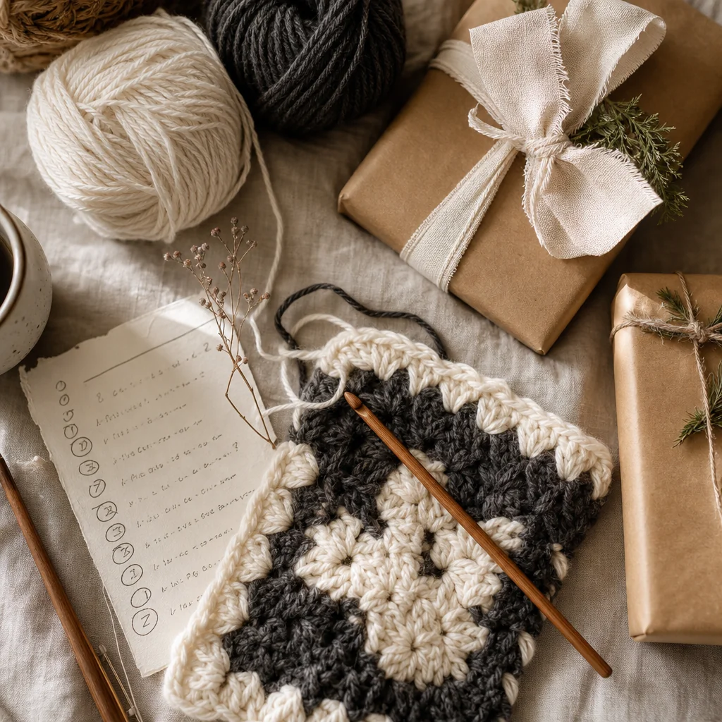 A partially finished crocheted scarf, yarn, and wrapping supplies arranged on a linen tablecloth for holiday gift planning