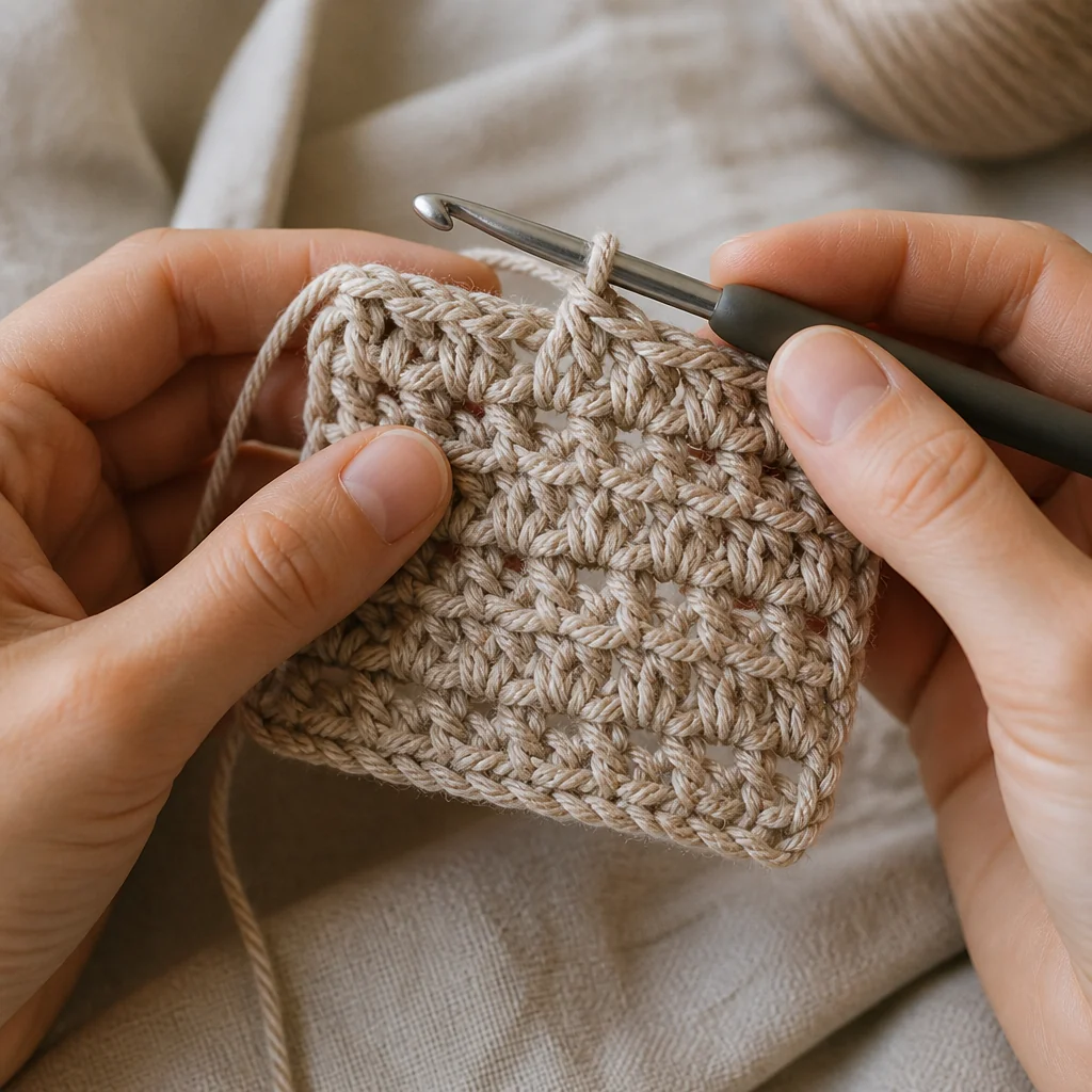 Close-up of crocheter's hands working on a gauge swatch with a crochet hook, showing stitch detail.