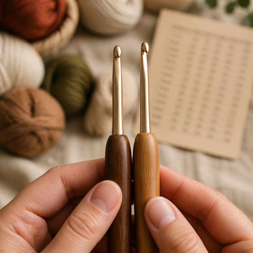 Two crochet hooks held in hands showing different sizing labels next to a blurred conversion chart in background