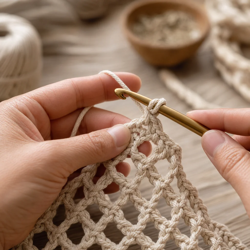 Close-up of hands crocheting the diamond netting pattern of a plant hanger with a wooden-handled hook