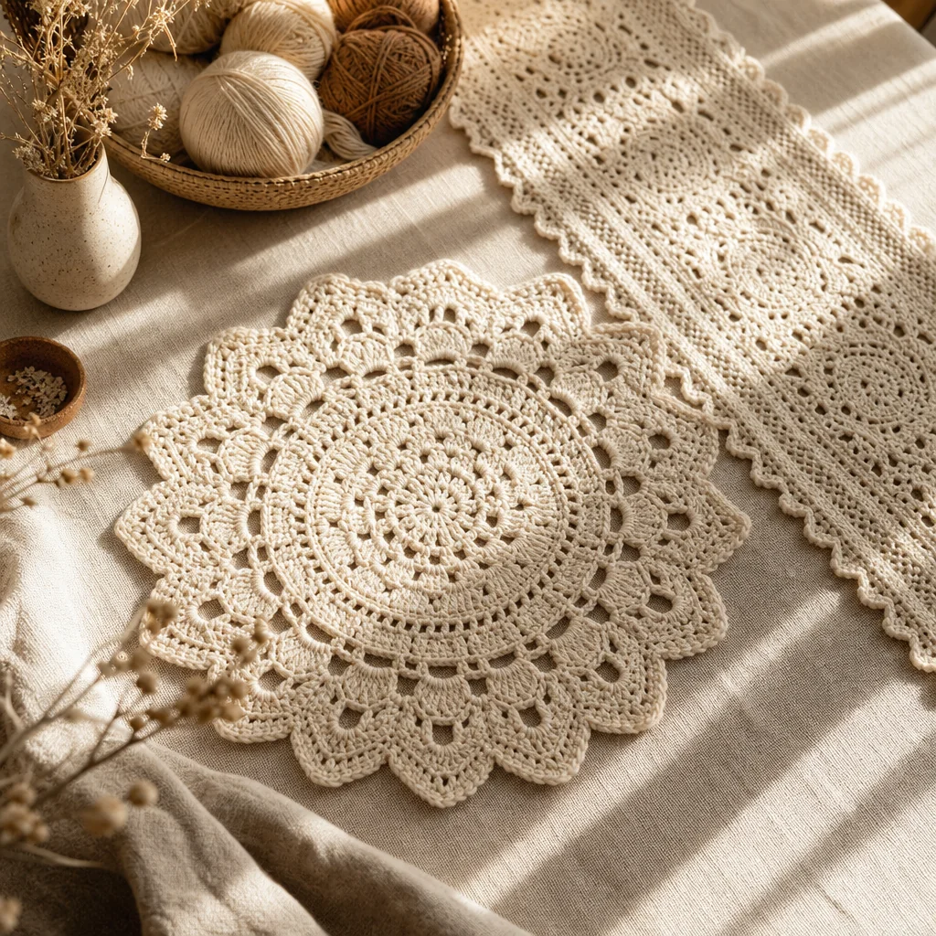 Cream cotton crochet table runner with textured stitch pattern displayed on a rustic wooden dining table with natural window light and eucalyptus branches