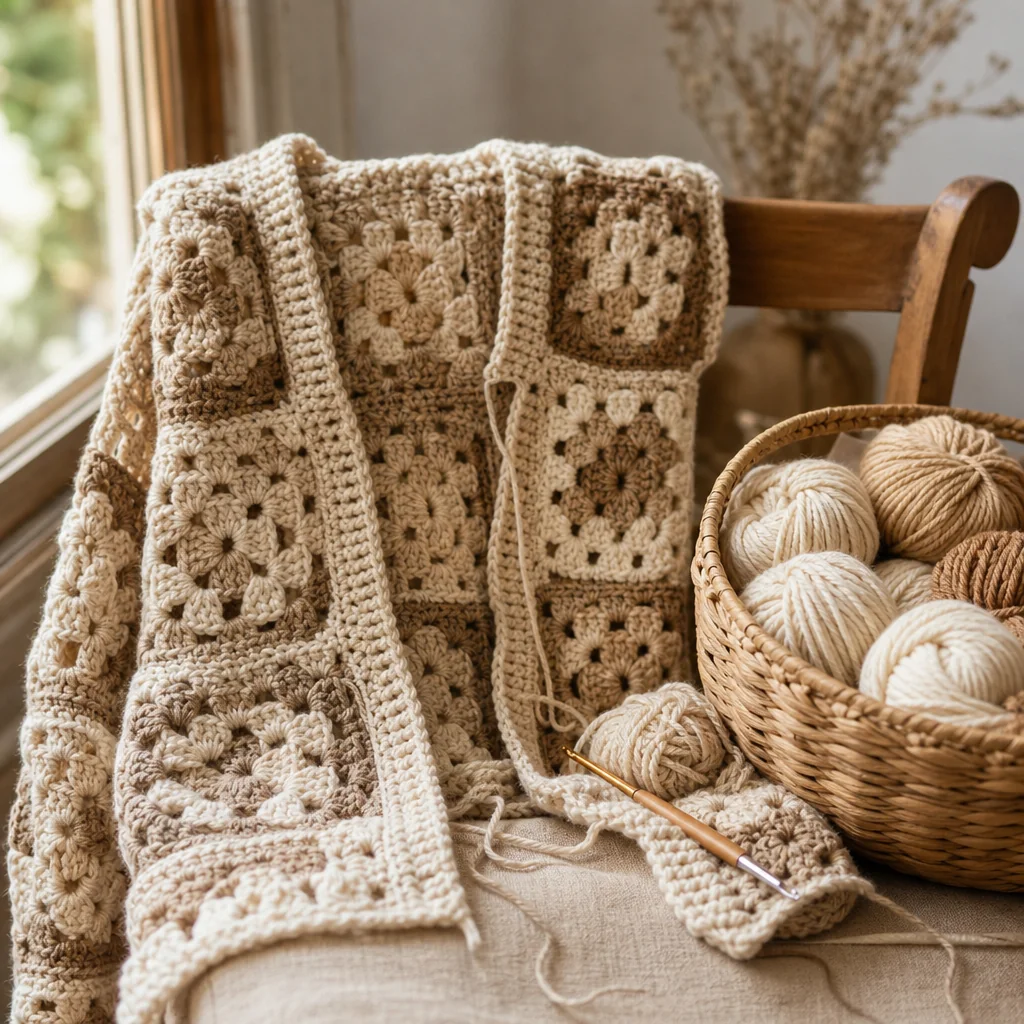 Partially finished granny square cardigan draped over a chair beside a basket of natural cotton yarn