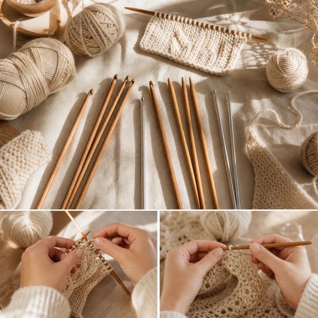 Overhead view of crochet hooks and knitting needles arranged on neutral linen fabric with yarn and in-progress stitches in warm natural light.