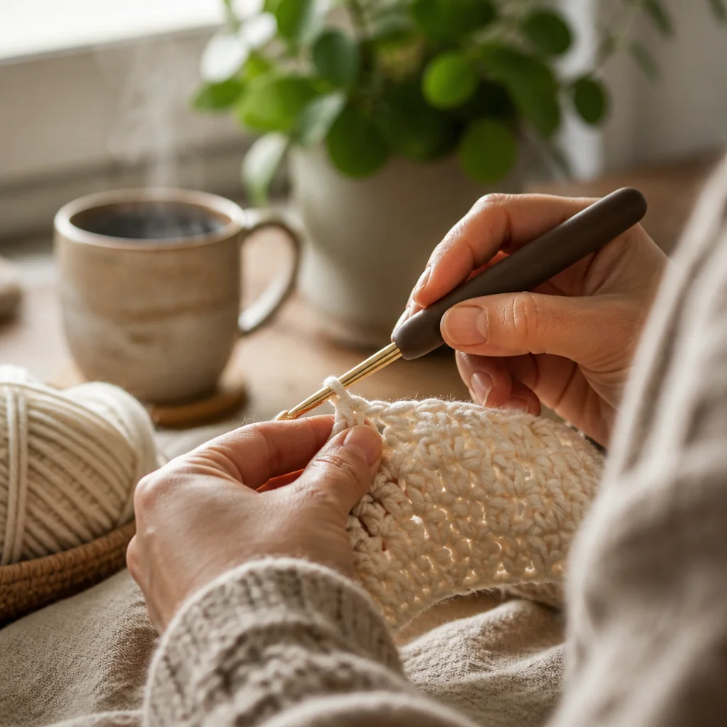 Hands holding an ergonomic padded crochet hook working with cream yarn in natural window light, showing comfortable hook grip technique