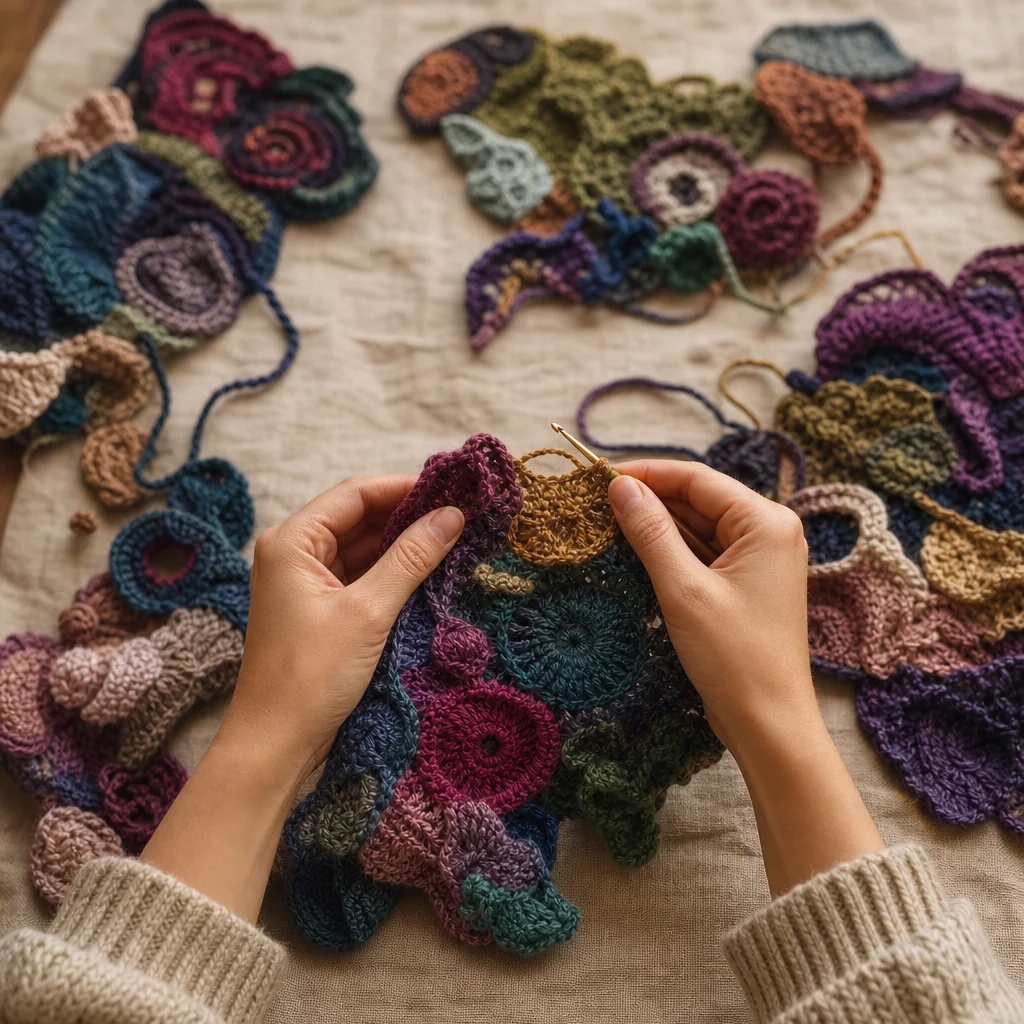 Close-up of hands holding a textured freeform crochet scrumble showing popcorn stitches and bobbles with yarn balls in the background