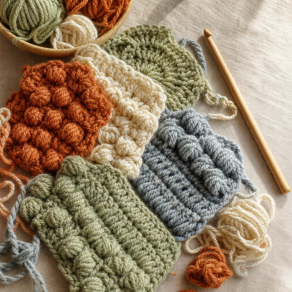 Overhead view of colourful freeform crochet scrumbles in organic shapes arranged on natural linen with crochet hooks nearby