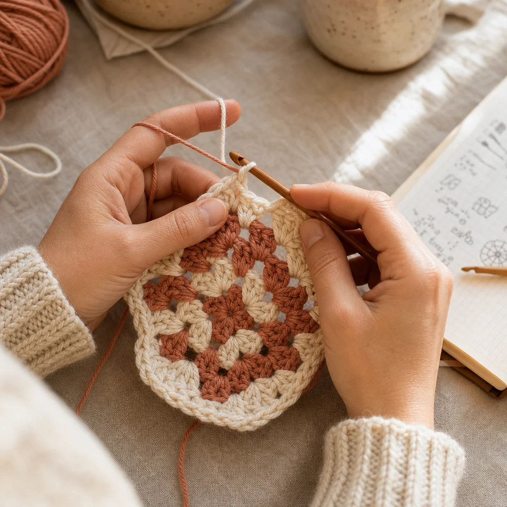 Close-up of hands crocheting a colorwork granny square in terracotta and cream yarn beside handwritten pattern notes