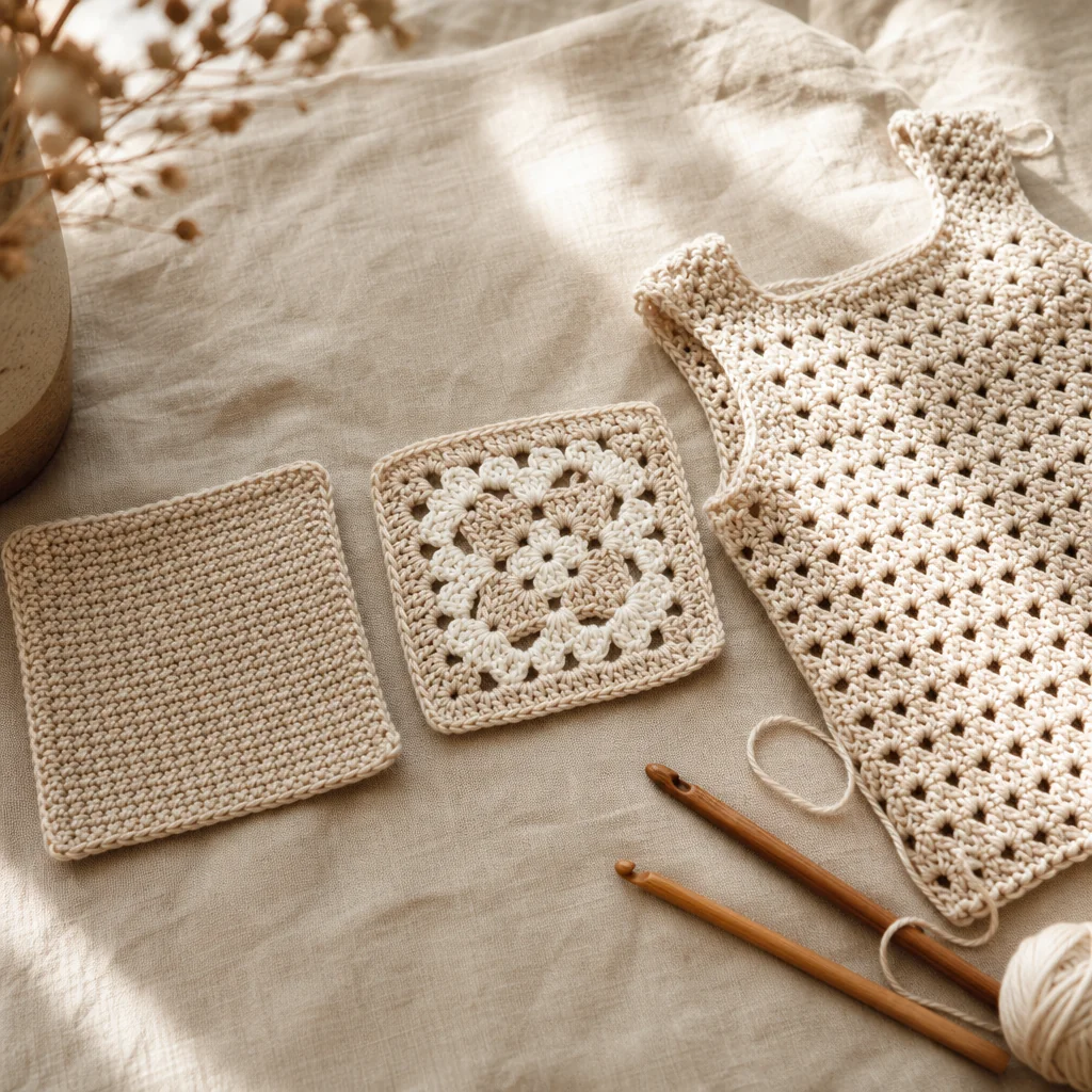 A dishcloth, a granny square swatch, and a partly finished garment arranged together to show crochet skill progression