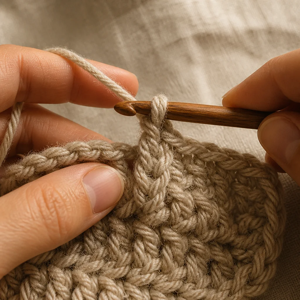 Hands wrapping a crochet hook around the post of a stitch to work a front post double crochet