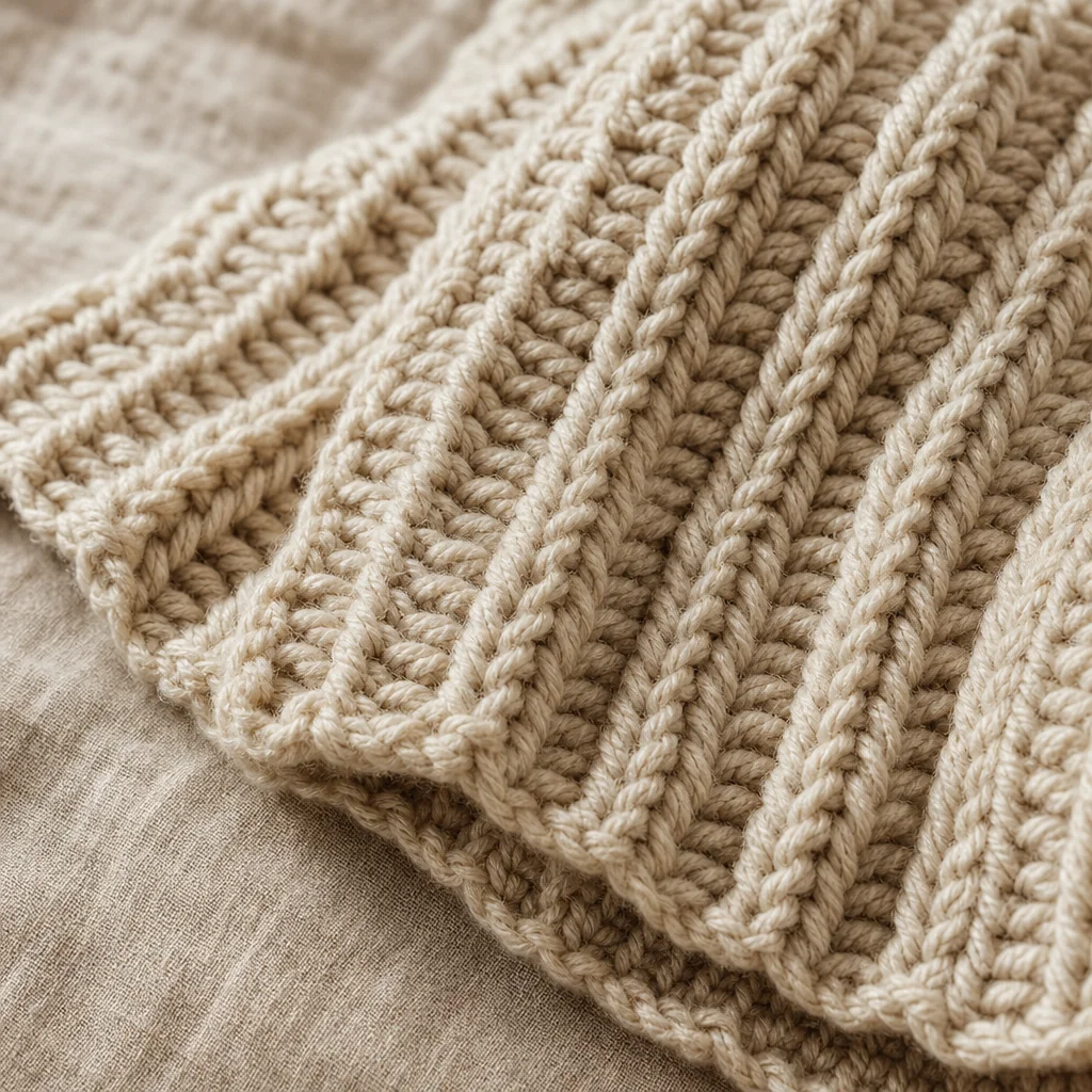 Close-up of ribbed crochet fabric showing raised front post and back post double crochet stitches in warm oatmeal yarn