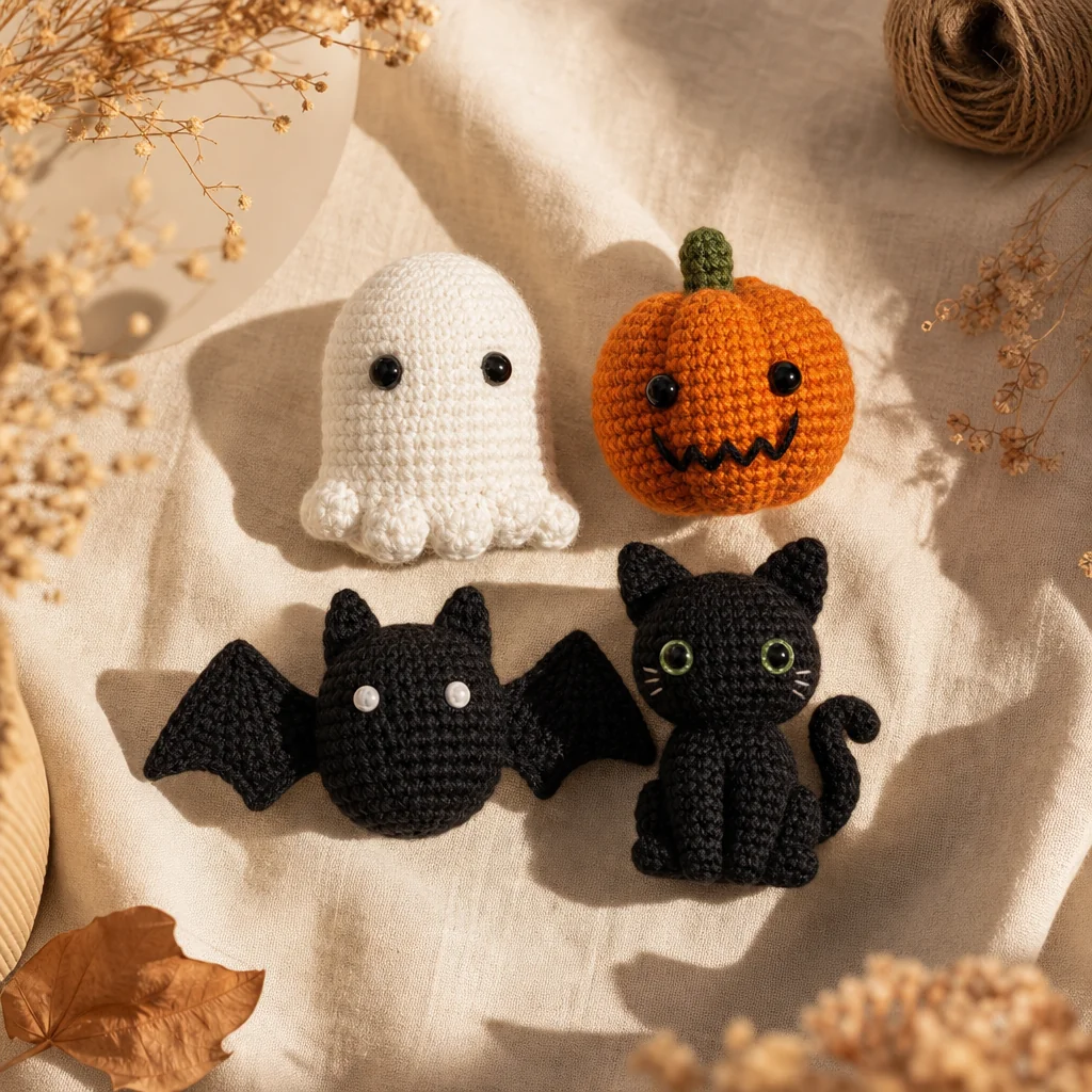 Four finished crochet Halloween amigurumi, a ghost, a pumpkin, a bat, and a black cat, arranged on a linen tablecloth with a hook and yarn
