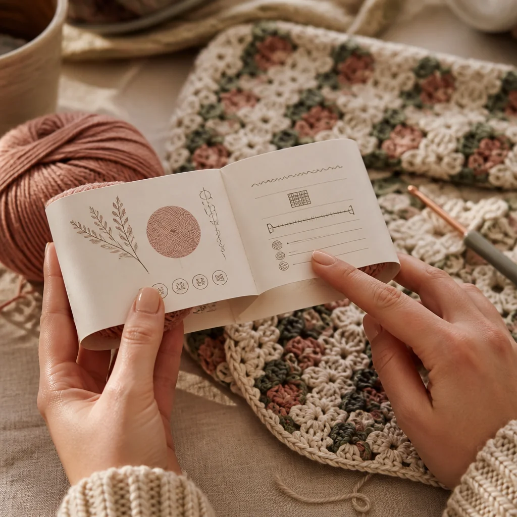 Close-up of hands examining a yarn label showing yardage information with crochet work in background