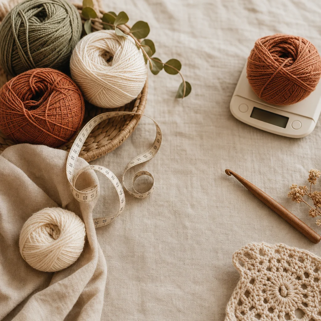 Flat lay of yarn balls, measuring tape, crochet hook, and scale on linen fabric with natural light