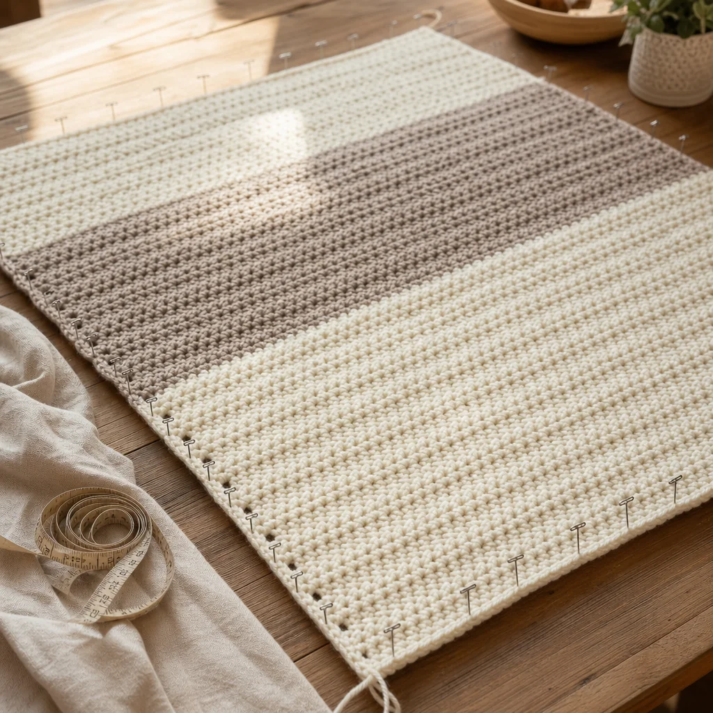 Cream and sage green granny square crochet blanket pinned flat on foam blocking mats with T-pins along the edges and a tape measure nearby