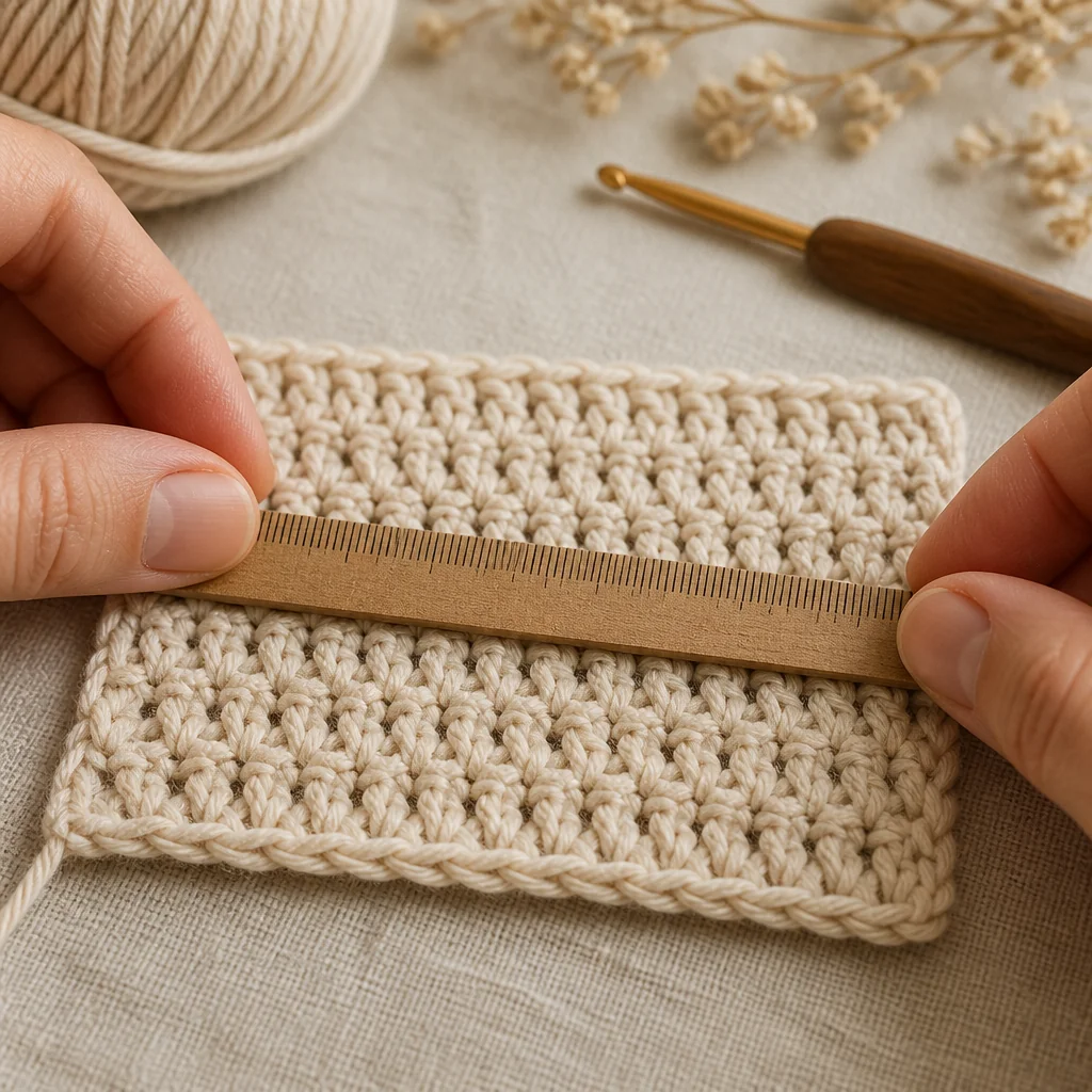 Hands measuring a crochet swatch with a ruler to count stitches in a 10-centimetre section for gauge conversion