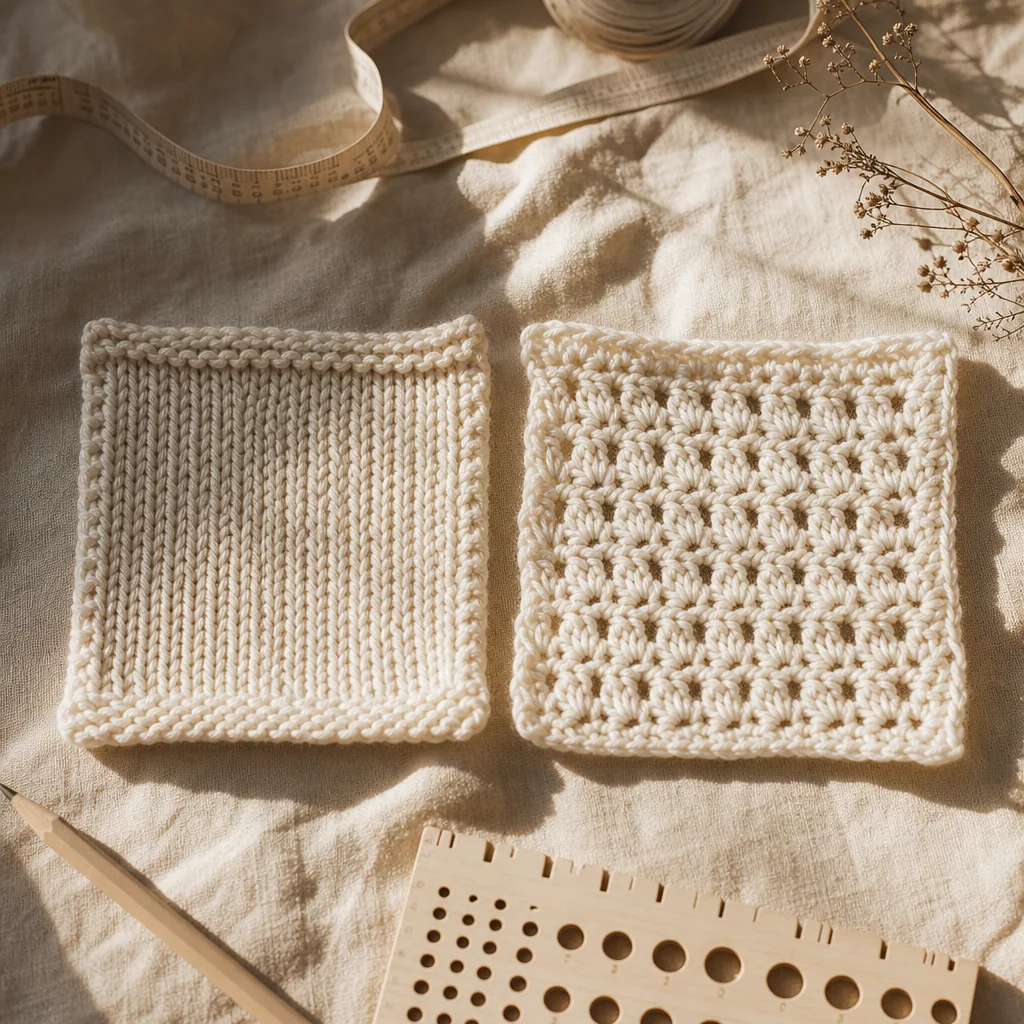 A knitted gauge swatch and crocheted gauge swatch side by side on linen fabric with measuring tools and notes, showing texture differences between the two crafts