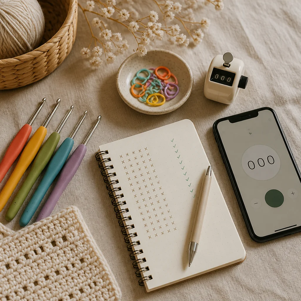 Flat lay arrangement of crochet counting tools including colored stitch markers, row counter, notebook, and phone app on a neutral linen surface