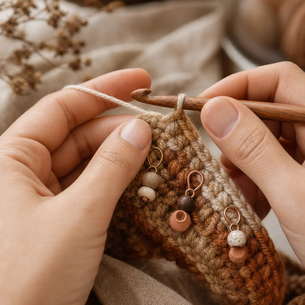 Close-up of hands holding a wooden crochet hook with stitch markers placed on the work, demonstrating counting technique with soft natural light