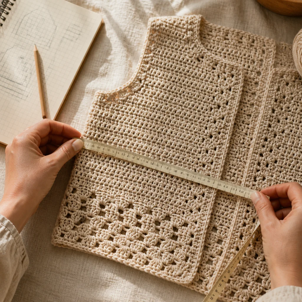 Hands measuring a crochet cardigan panel with fabric tape measure, notebook with measurements beside it on linen surface