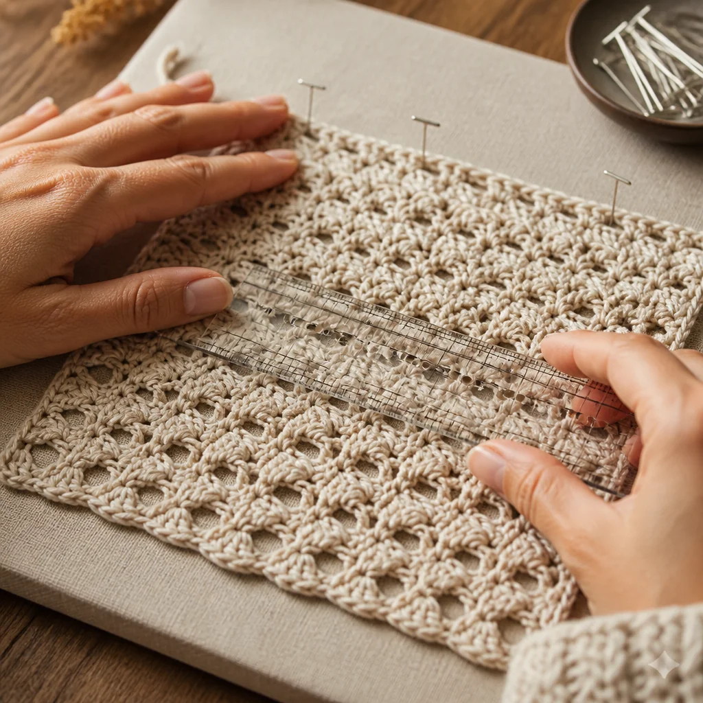Hands laying a blocked crochet swatch flat and measuring it with a gauge ruler