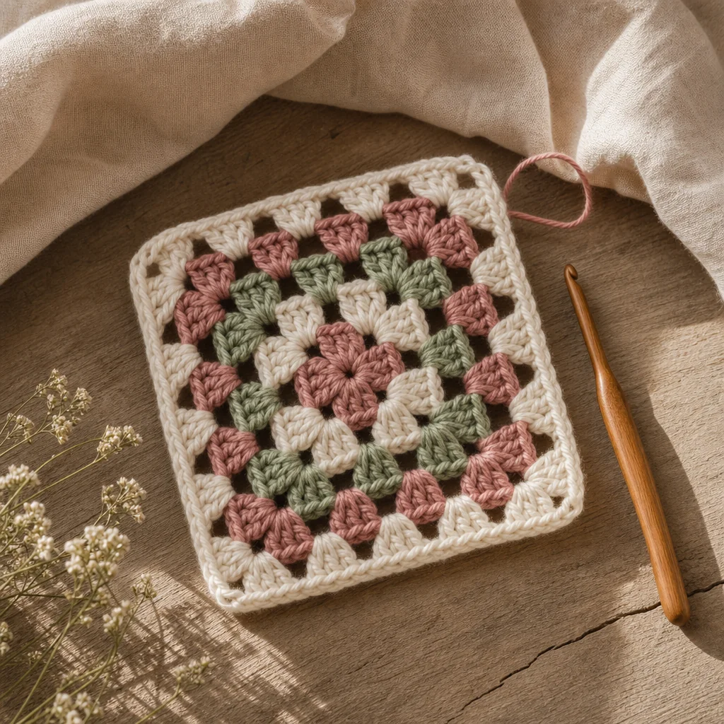 Completed granny square in cream, rose, and sage yarn on linen with crochet hook and scissors