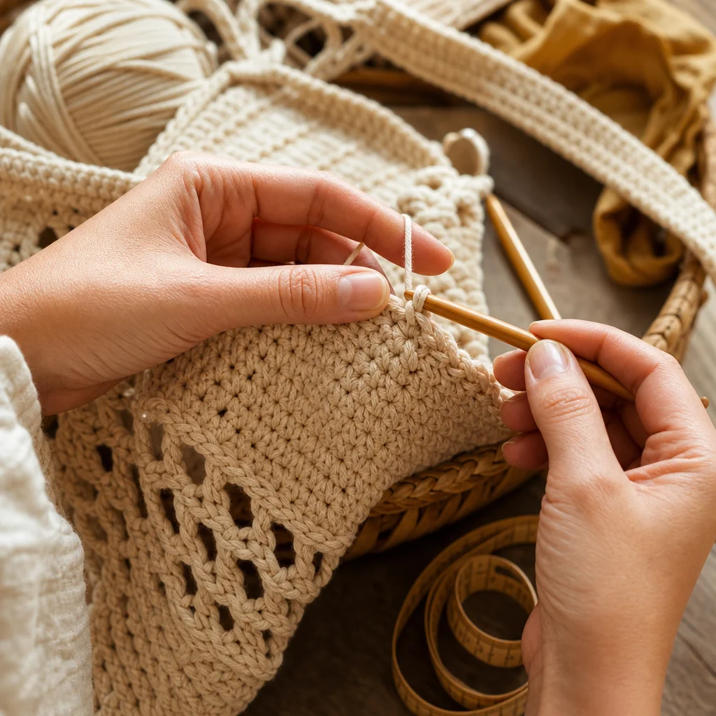 Close-up of hands crocheting the open mesh sides of a cotton market bag with a 5mm hook