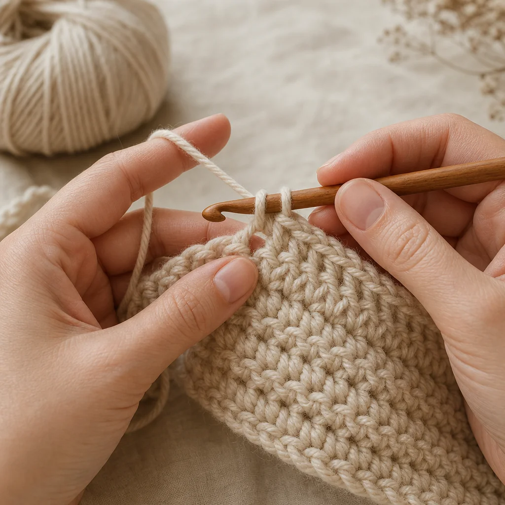 Close-up of hands crocheting a granny stripe scarf, showing double crochet clusters and chain spaces in warm-toned yarn
