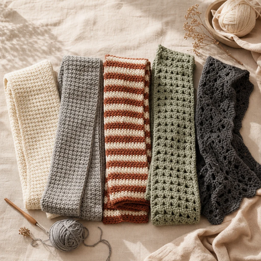 Five folded crochet scarves in different stitch textures arranged on a linen table with a hook and skein of yarn
