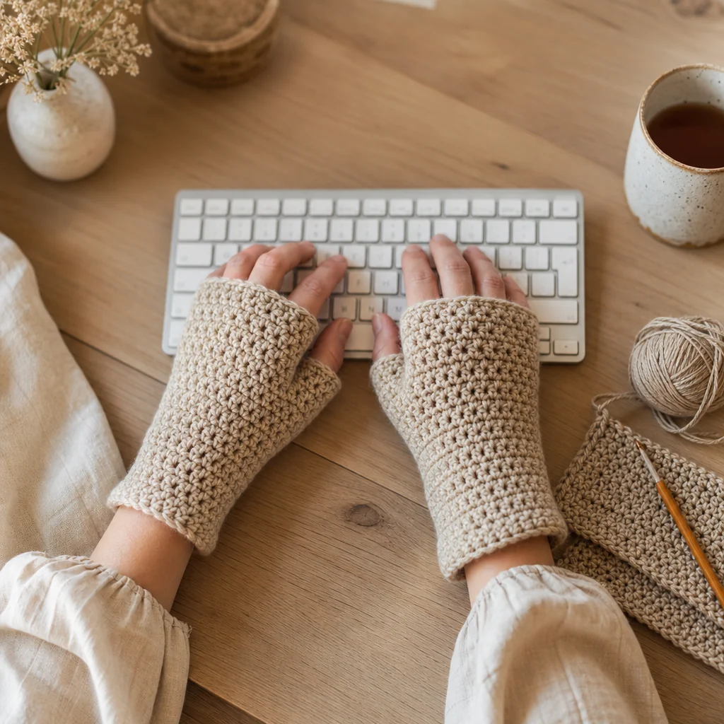 Close-up of hands wearing a crocheted fingerless glove while working on the thumb gusset of a second glove
